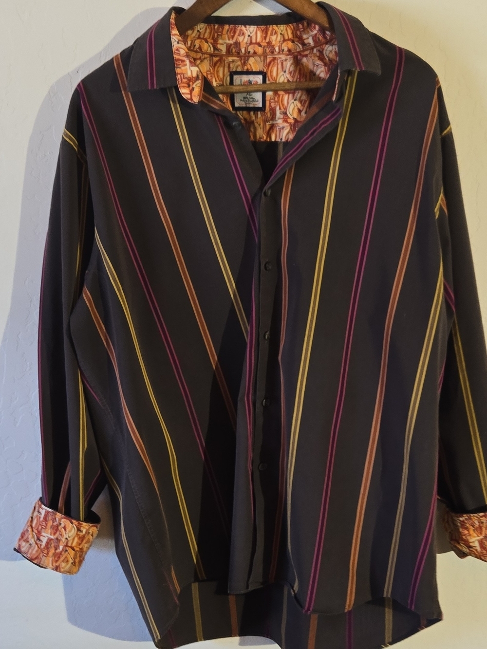 J. Garcia Black Button-Down Shirt with Purple, Yellow & Brown Stripes
